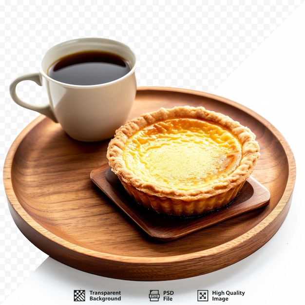 Egg tart with coffee on wooden tray isolated white isolated background