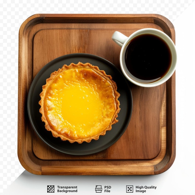 Egg tart with coffee on wooden tray isolated white isolated background