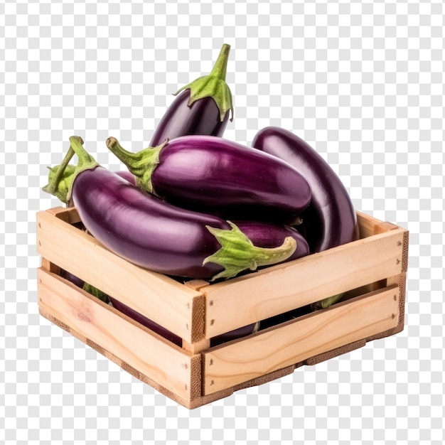 Eggplants in wooden box isolated on transparency background psd