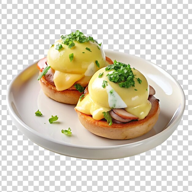 PSD eggs benedict with poached eggs and hollandaise sauce on transparent background