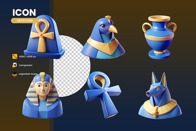 egyptian treasure set collection icon light blue color in plastic 3d style
