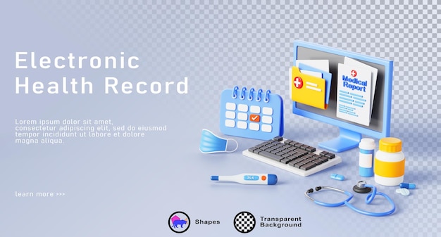 ehr electronic health record isometric 3d landing page patient medical report in digital file online healthcare data pc with stethoscope thermometer and pills render web banner
