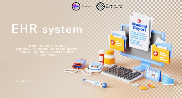 ehr system isometric 3d landing page healthcare data with patient medical reports electronic health record on computer screen with doctor equipment telehealth render web banner
