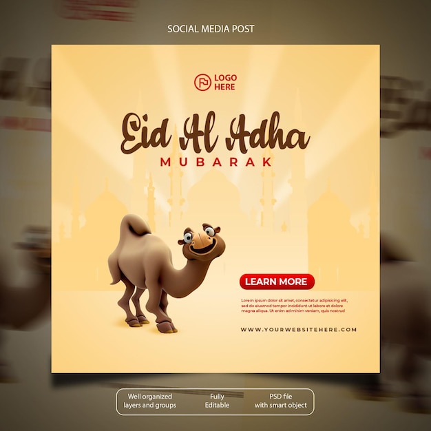 Eid con l'illustrazione 3d del cammello social media post design