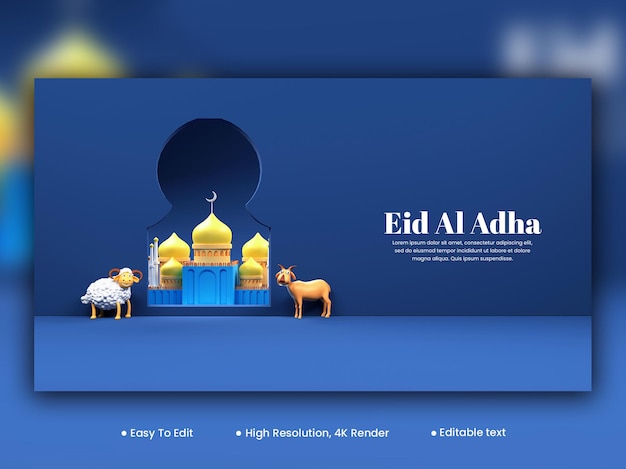 Eid Al Adha-bannerontwerp met 3D-illustratie van de schapengeitmoskee op blauwe achtergrond