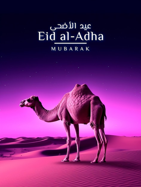 Eid al adha greeting with camel in beautiful background