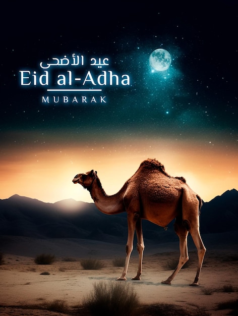 PSD eid al adha greeting with camel in beautiful background