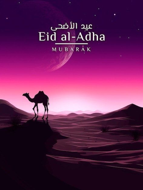 PSD eid al adha greeting with camel in beautiful night background