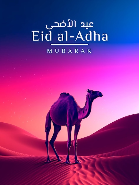 PSD 아름다운 밤 배경에서 낙타와 함께 인사하는 eid al adha