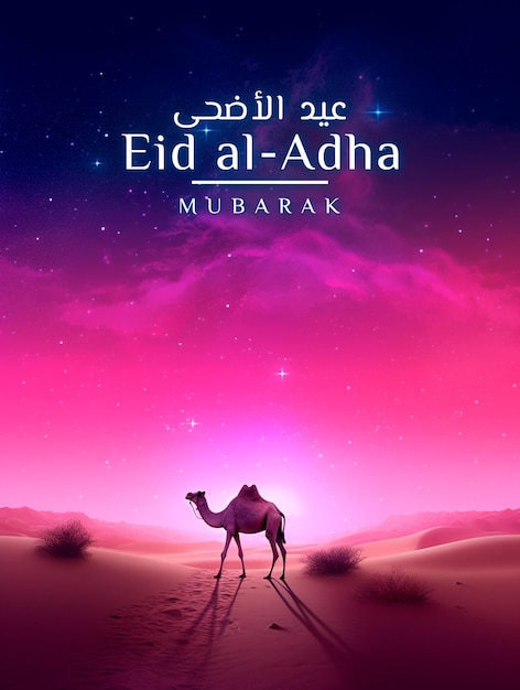 아름다운 밤 배경에서 낙타와 함께 인사하는 Eid Al Adha