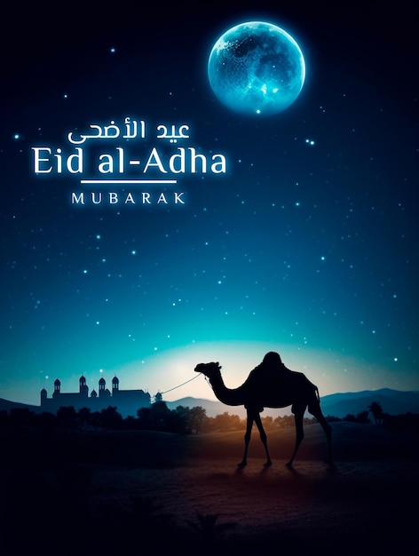 아름다운 밤 배경에서 낙타와 함께 인사하는 Eid Al Adha