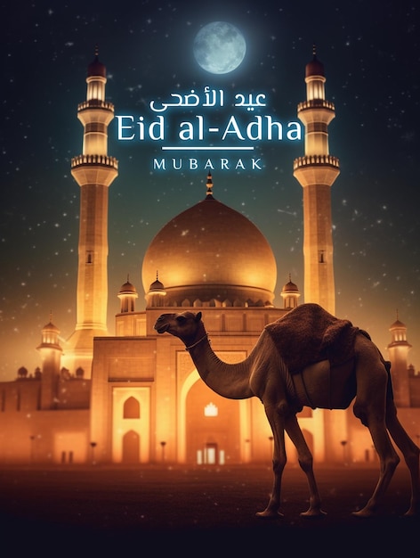 Eid al adha greeting with camel and mosque in beautiful background