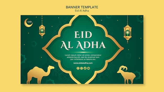 등불과 초승달이 있는 Eid Al-adha 가로 배너 템플릿