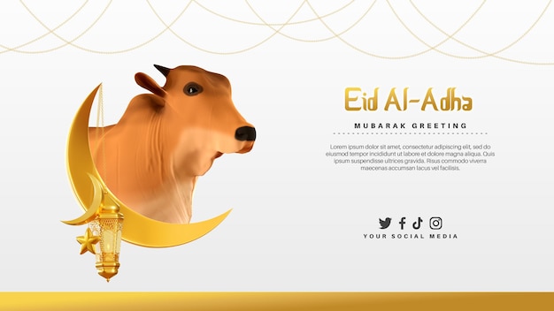 Banner di celebrazione di eid al adha mubarak con mucca di rendering 3d