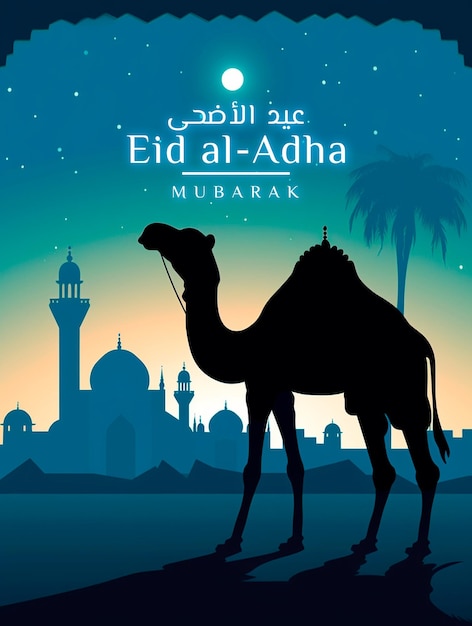 Eid al adha mubarak greeting card with camel eid mubarak