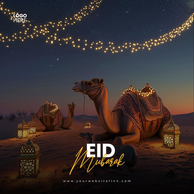 Eid al adha mubarak islamic festival camel social media post banner template