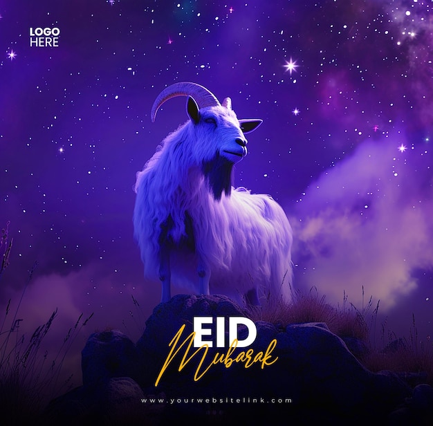 Eid al adha mubarak festa islamica capra che indossa occhiali da sole modello di banner post sui social media