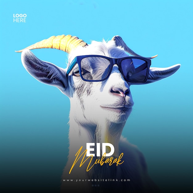 Eid al adha mubarak festa islamica capra che indossa occhiali da sole modello di banner post sui social media