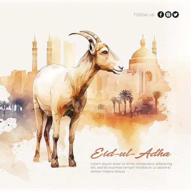 PSD eid al adha mubarak islamic festival greeting watercolor effect
