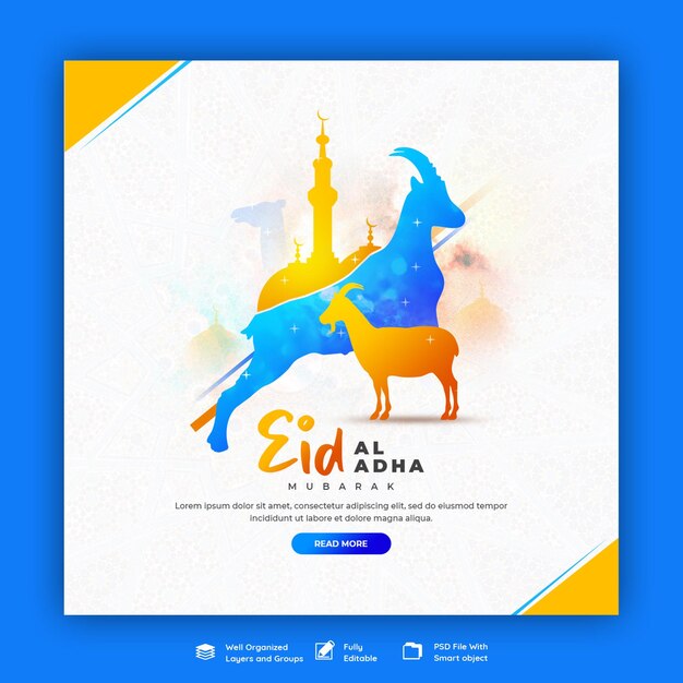 Banner di social media del festival islamico di eid al adha mubarak o modello di post di instagram