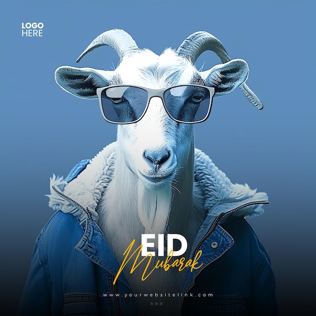 Eid al adha mubarak islamitisch feest geit met zonnebril social media post banner sjabloon