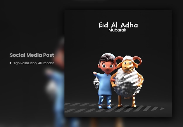 PSD eid al adha mubarak post or template design with 3d islamic boy holding lamp and cartoon sheep on black background