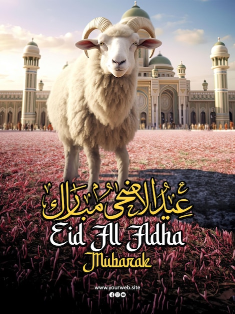 PSD eid al adha mubarak poster template with sheep background