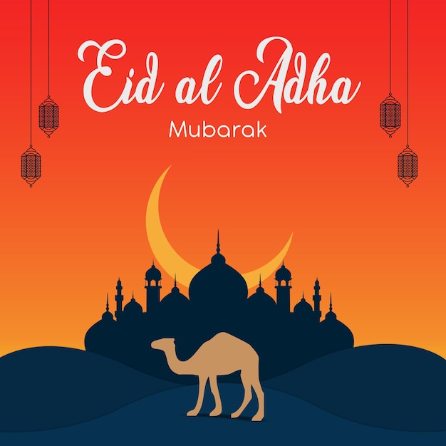 Eid al adha post template with a camel and a mosque as background