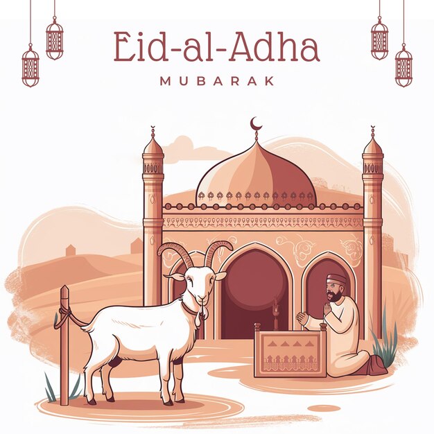 PSD eid al adha post template with a picture of a mosque with a goat and a man in front of it