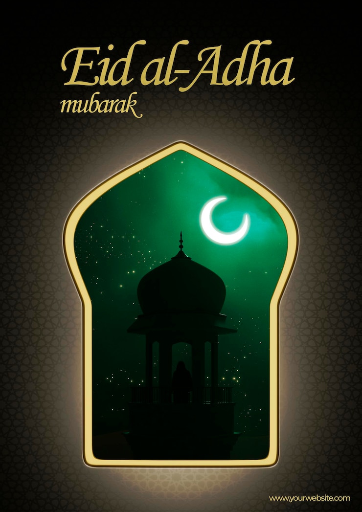 PSD eid al adha poster card design with an arabic window view of a tower and a man on top