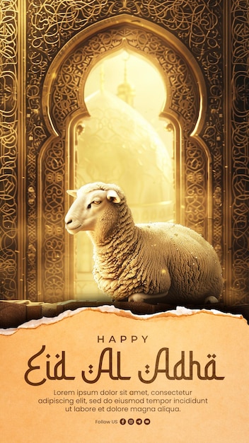 PSD eid al adha poster template with a sheep background with a mosque background