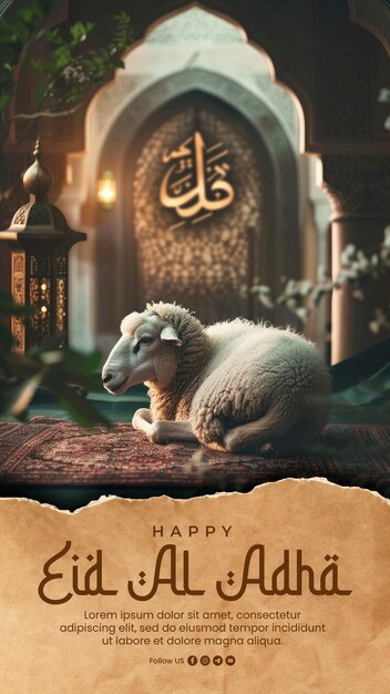 PSD eid al adha poster template with a sheep background with a mosque background