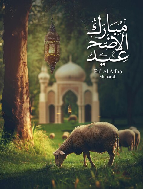 PSD eid al adha poster template with a background of happy sheep in front of the mosque and the moon