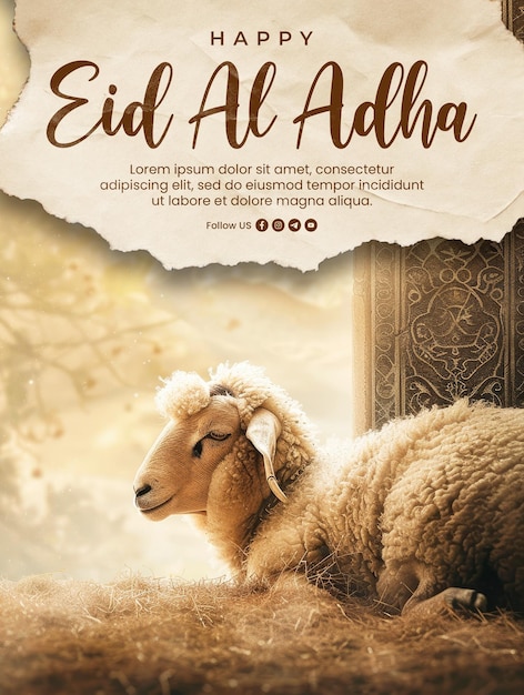 Eid al adha poster template with a sheep background with a mosque background