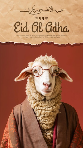 PSD eid al adha social media post with portrait of a stylish ram in islamic clothes and sunglasses