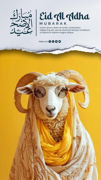 PSD eid al adha social media post with portrait of a stylish ram in islamic clothes and sunglasses