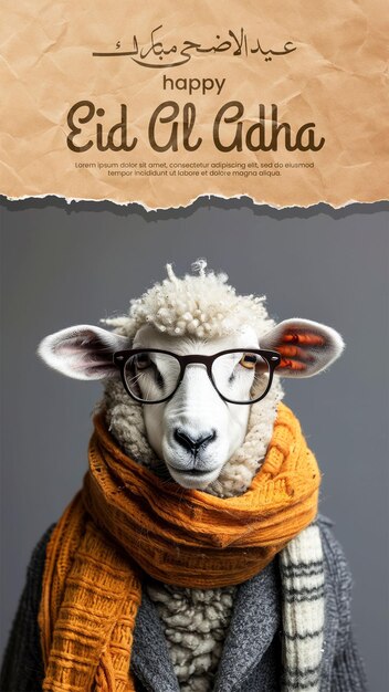 PSD eid al adha social media post with portrait of a stylish ram in islamic clothes and sunglasses