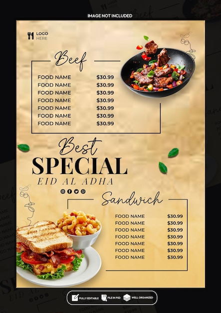 Eid al adha Special food menu poster design template