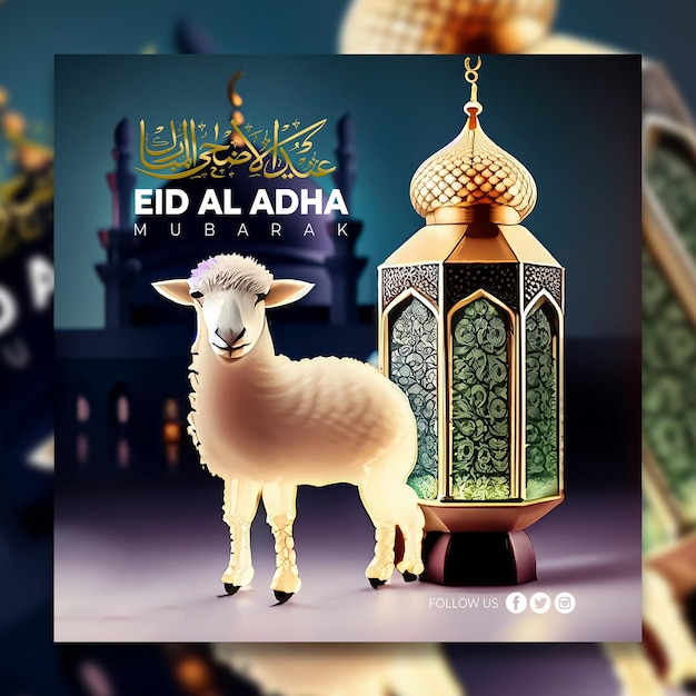 PSD eid al adha with lamb and lantern background