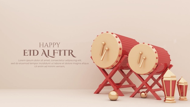 eid al fitr background 3d render,  composition with islamic drum, lantern for greeting, banner,