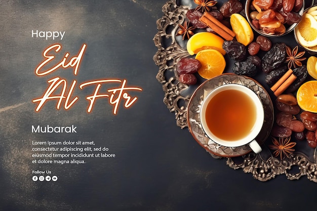 Modello di banner di eid al fitr con una tazza di tè con frutta secca sul tavolo sullo sfondo scuro