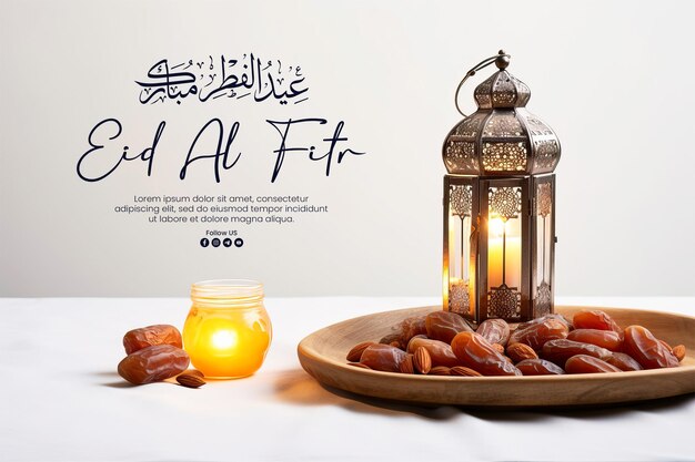 PSD eid al fitr banner template with a plate of dates and a traditional islamic lantern white background