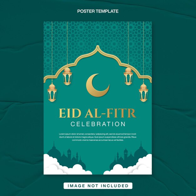 eid al fitr celebration flyer poster template with green islamic background