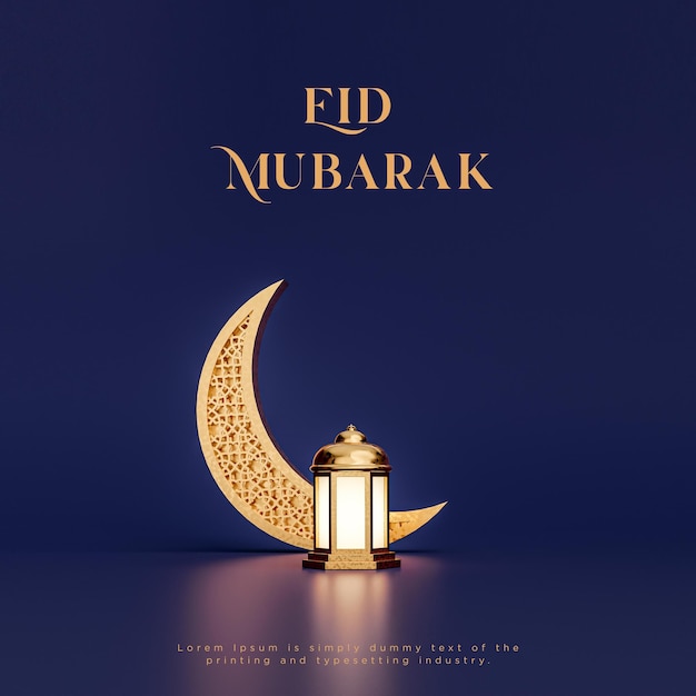 Eid al fitr Eid mubarak islamitische halve maan lantaarn groeten marine gouden achtergrond 3d render