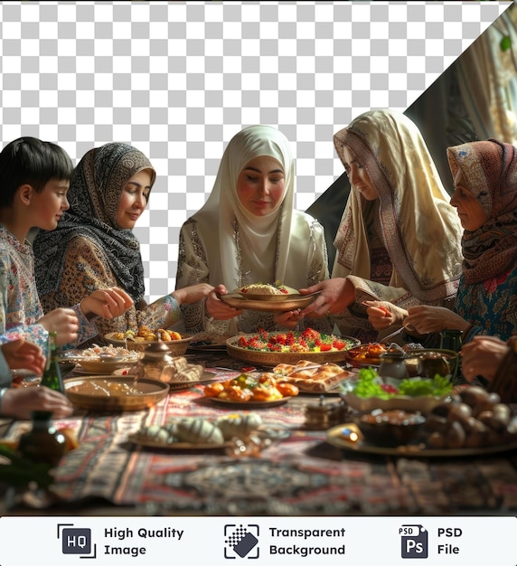 PSD eid al fitr family gathering around a wooden table with a woman wearing a white scarf and a green bottle on the left and a white curtain in the background