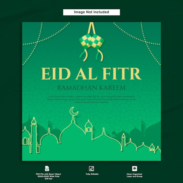 Eid Al Fitr 인사말 엽서 미니멀리스트 녹색 테마 템플릿 디자인