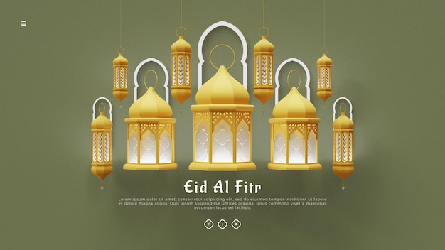 Eid Al Fitr Landing Page Template WIth Fanous Lantern 3D Render Illustration