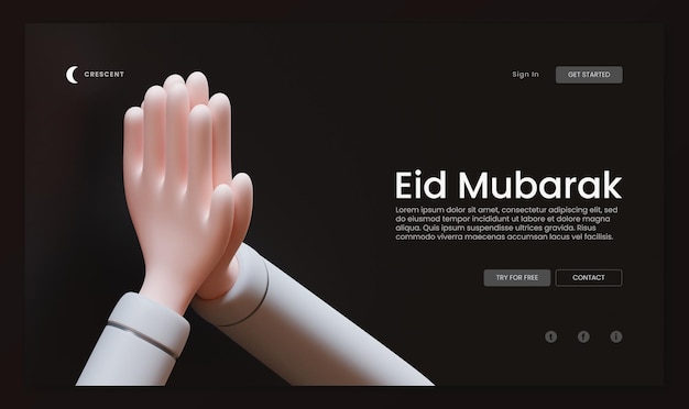 Eid al fitr landing page template with hand gesture 3d rendering