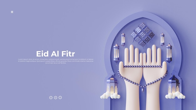 Eid Al Fitr Landing Page Template With Pray Hand Gesture 3D Render Illustration