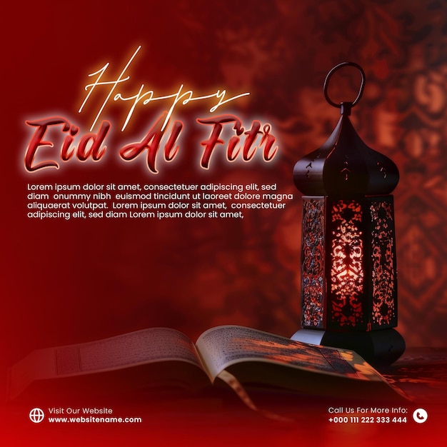 PSD eid al-fitr met advertentie sjabloon met islamitische lamp en een boek rode achtergrond